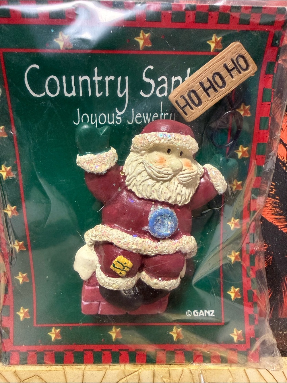 GANZ Maroon and Cream Country Santa Ornament with 'HO HO HO' Sign